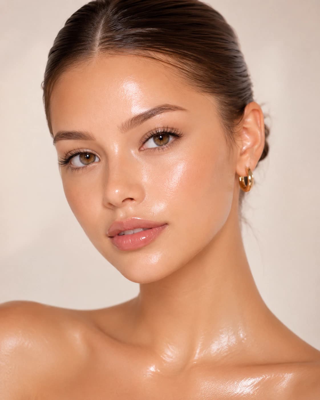 Close-up portrait of a woman with luminous skin and natural makeup