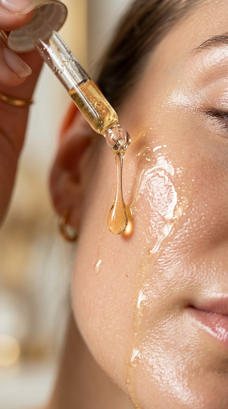 Topical serum being applied to cheek skin